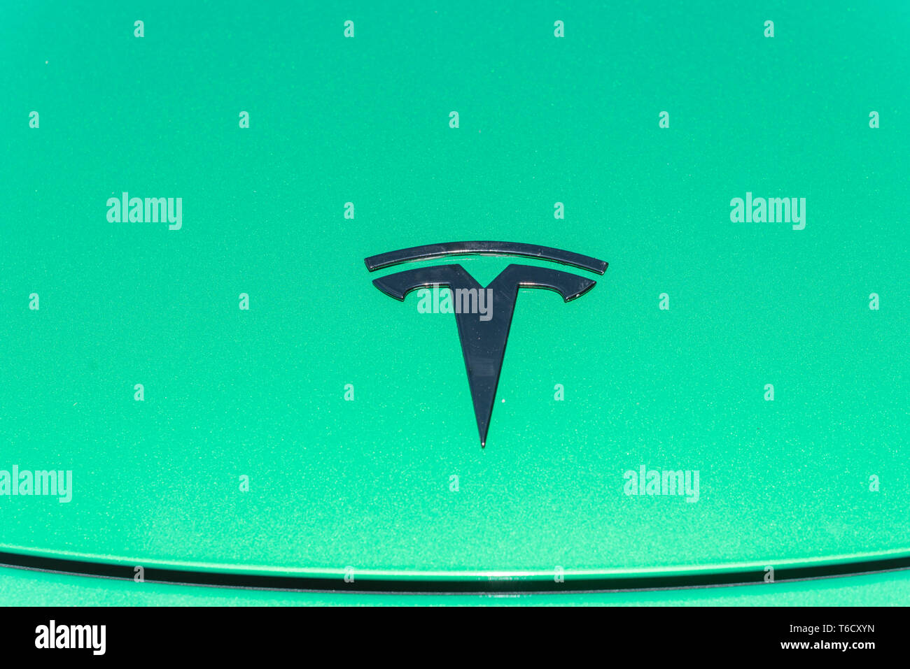 Capot de voiture verte couverture avec logo Tesla close-up Photo Stock -  Alamy