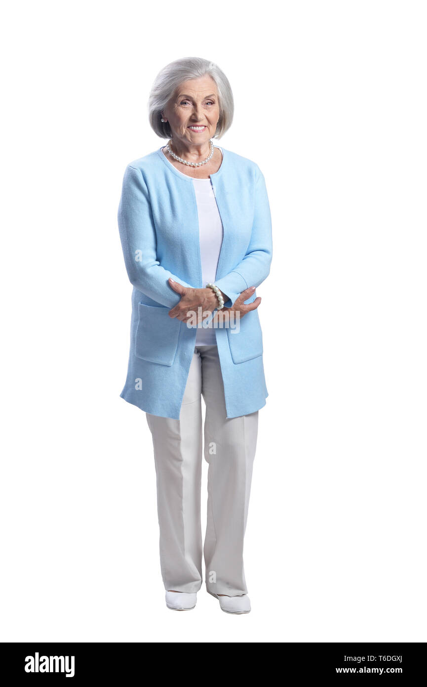 Portrait of senior woman posing on white background Banque D'Images