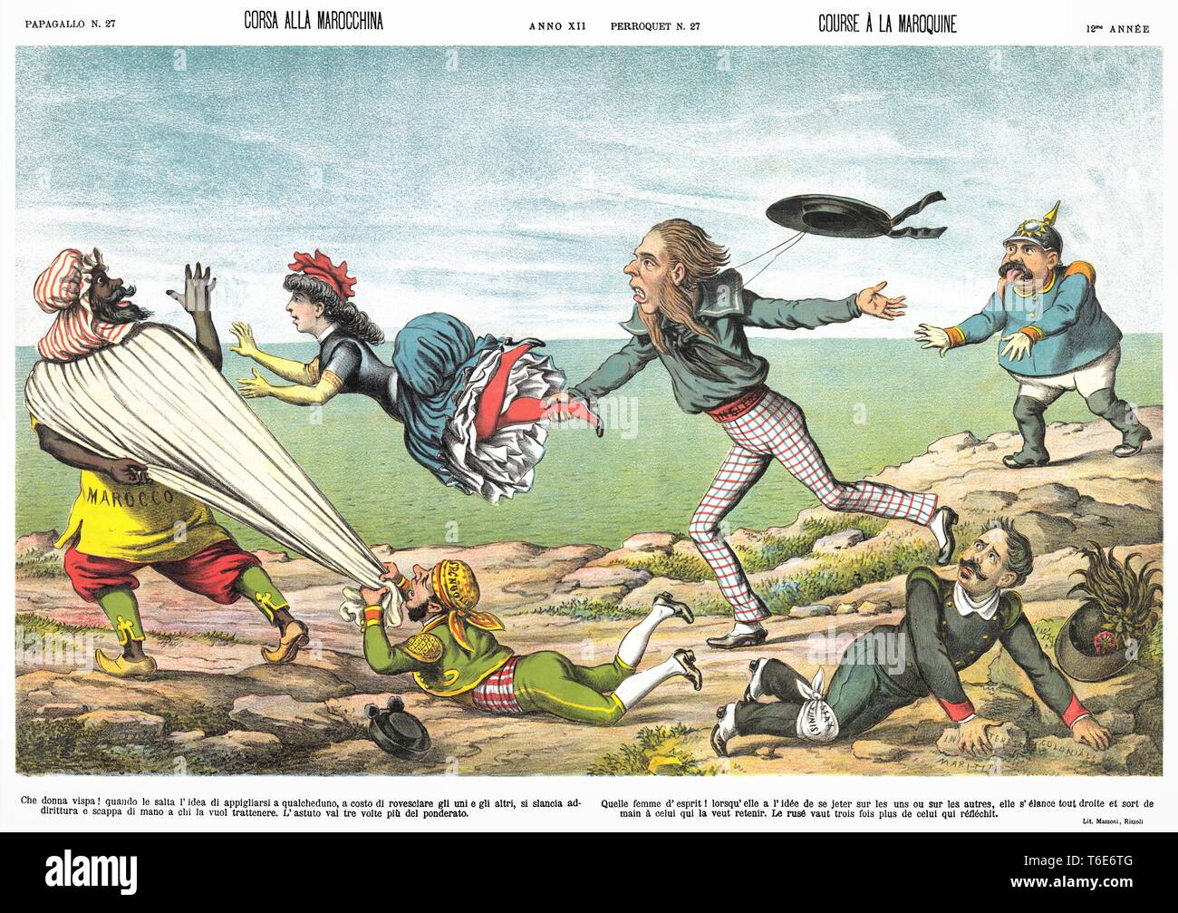 Course marocain, par l'hebdomadaire satirique caricature Il Papagallo 1884 Banque D'Images