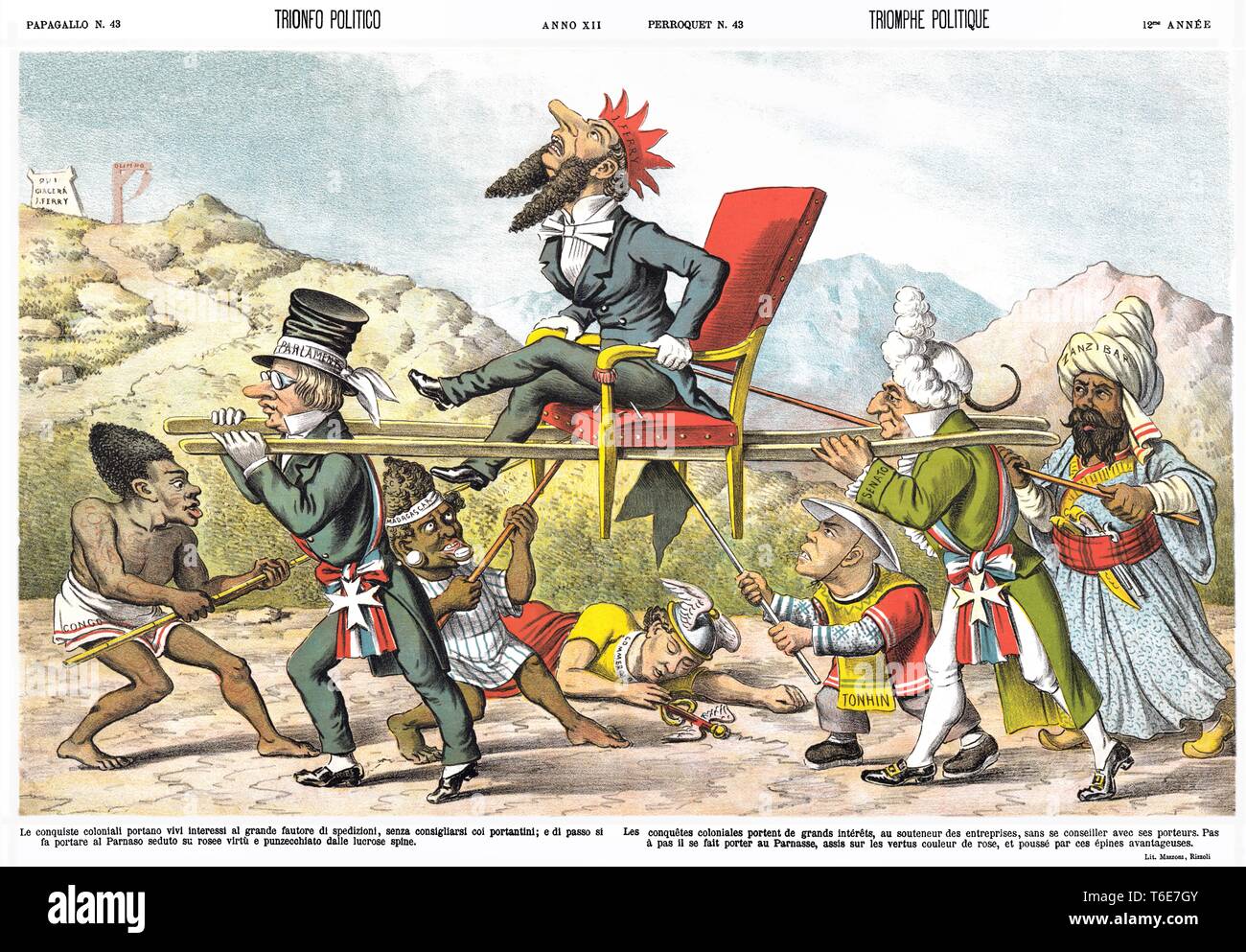 Triomphe politique, par l'hebdomadaire satirique caricature Il Papagallo 1884 Banque D'Images