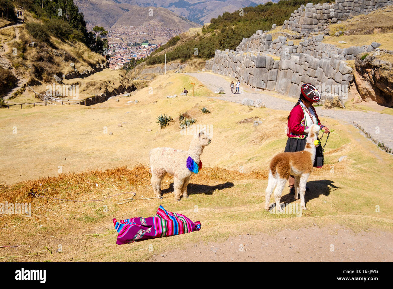 Les femmes portant le costume des Incas vente de cadeaux pour les visiteurs de site Saqsaywaman près de Cusco, Pérou Banque D'Images
