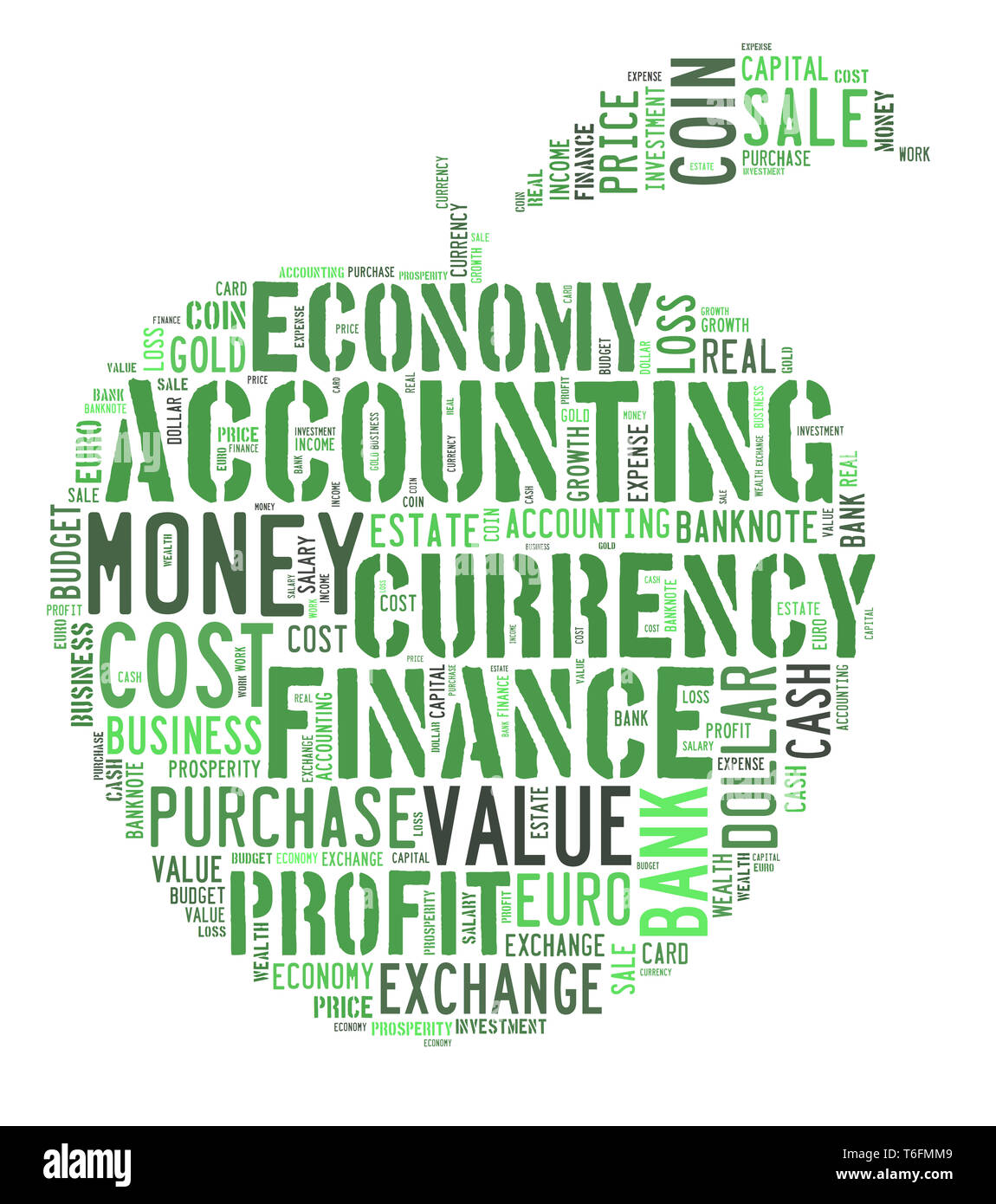 Wordcloud finances et affaires mots sur forme de pomme Banque D'Images