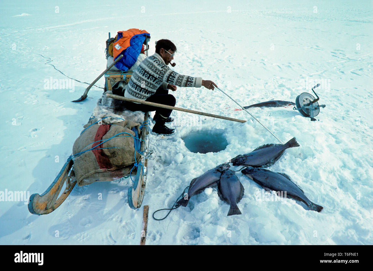 Les Inuits de la pêche en haute mer pour le flétan (Pleuronectiformes () à travers les trous dans la glace de mer, Quernalursavik, dans l'Est du Groenland, Greenland Banque D'Images