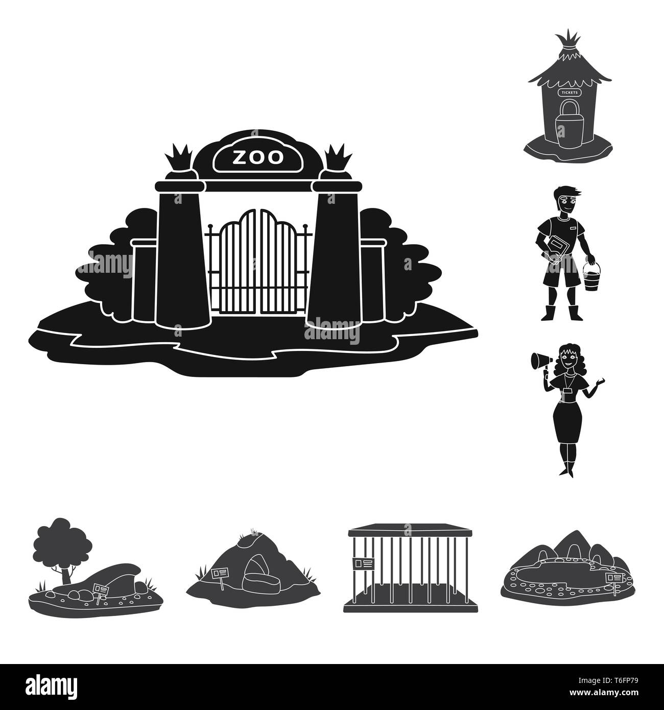 Fenêtre,porte,gardien,arbres,cave,cell,lac,contre,homme,femme,,sable,ours,vide,piscine,brique,service,travailleur,mégaphone,monticule,eau,grizzly prison,mur,vente,gardien,herbe,rock,faune,loisirs,parc,zoo safari,animal,nature,forêt,fun,flore,set,icône,,illustration,collection,isolé,design,graphisme,élément,signer,Black,de simples vecteurs vecteur , Illustration de Vecteur