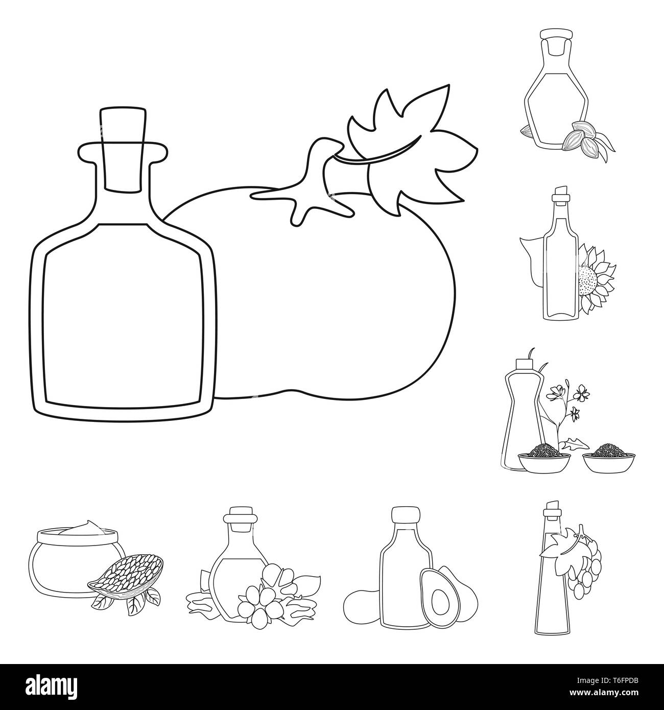 ,Citrouille,tournesol,amandes,moutarde,cacao,coton,avocat,raisin,de graines de colza,alimentaire,noix, beurre, graisse,produit,bal,oranger amer,condiment,,vitamine,vert,corps de ferme,botanique,farine,noir,ingrédients liquides,sain,légumes,,nutrition,produits biologiques,verre,vase,huile,cuisine,agriculture,petit,set,icône,,illustration,collection,isolé,design,graphisme,élément signe,ligne,plan,vecteurs vecteur , Illustration de Vecteur
