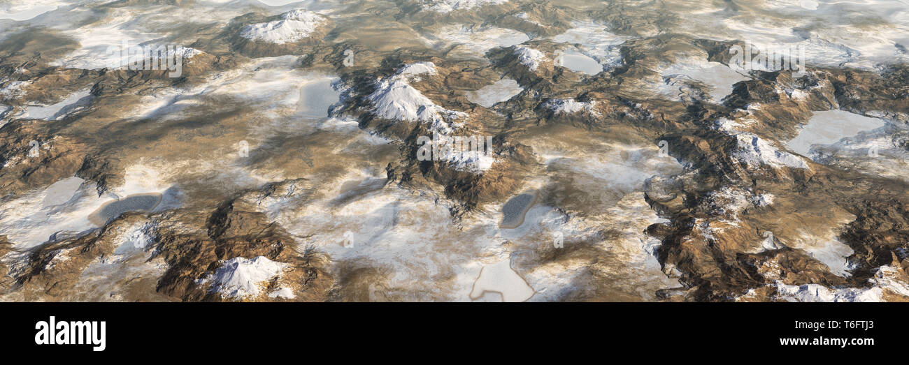 Paysage panoramique coloré : paysage des montagnes du lac et de la neige, vue aérienne du monde miniature. (Plaque arrière plane, ordinateur de rendu 3D di Banque D'Images