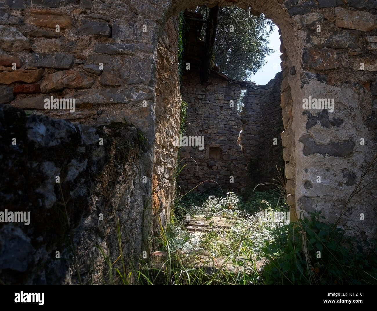 Ruine en pierre ancienne quelconque en cours de récupération par la nature, de l'Italie. Banque D'Images