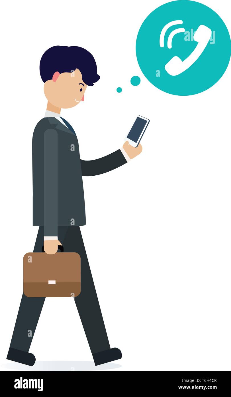 Young businessman walking avec téléphone et appeler icon.business man appel à propos de l'entreprise. Illustration de Vecteur