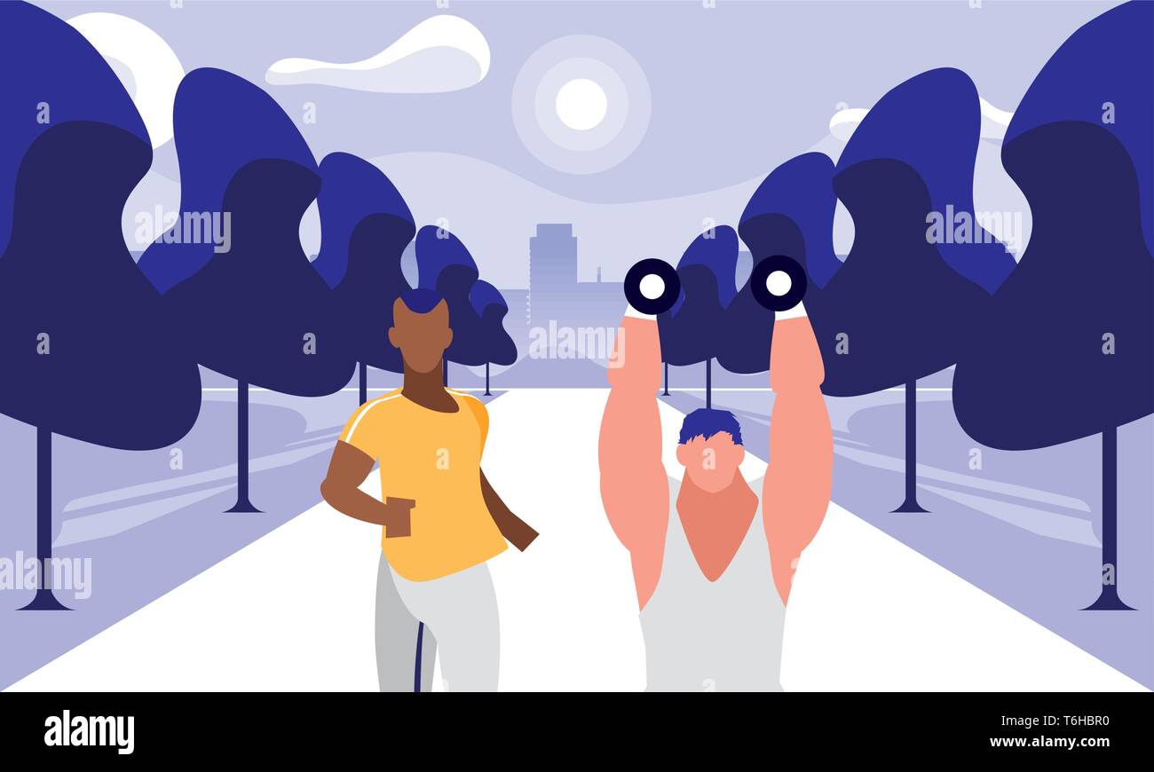 Le levage de poids hommes athlétiques et courir dans le parc vector illustration design Illustration de Vecteur