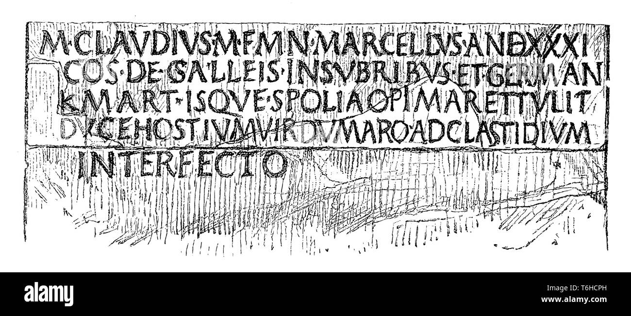 La première occurrence du nom 'Allemands' dans l'histoire. Illustration du fragment de la triomphale du Capitole de Rome rapide sur laquelle le nom est écrit., 1899 Banque D'Images