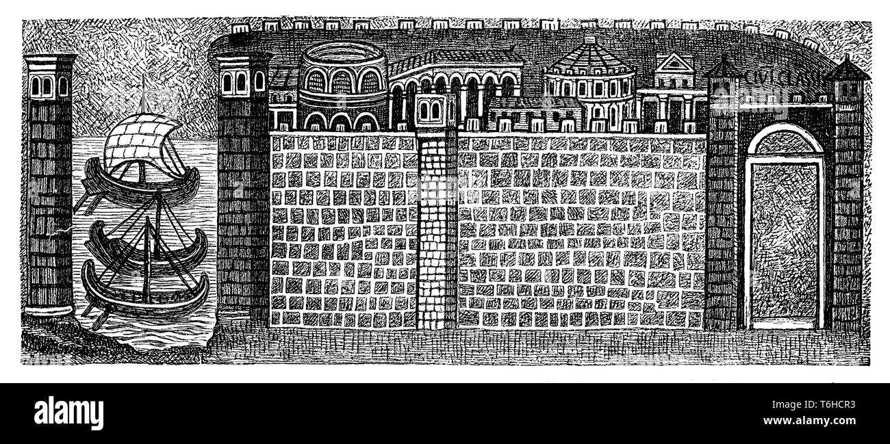 Le port fortifié de Ravenne (civitas Classis). Photo mosaïque dans le S. Apollinare Nuovo (Theoderich Arian's Cathédrale) à Ravenne, 1899 Banque D'Images