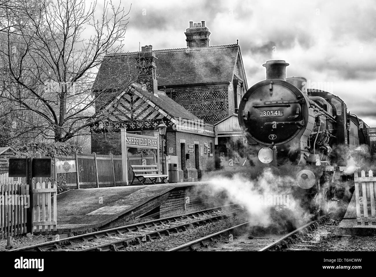 La célèbre ligne de chemin de fer du patrimoine Bluebell vu ici en avec la classe 4F 0-6-0 30541 train à vapeur en monochrome à Sheffield Park Railway Station Banque D'Images