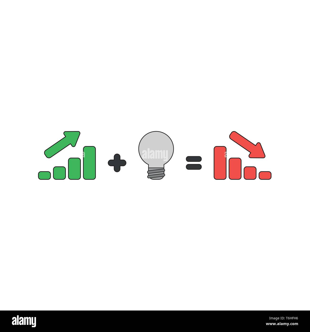 Icône Vecteur vert concept de diagramme à barres ventes grimper plus mauvaise idée de l'ampoule rouge graphique à barres ventes égale en descente. Contours noirs et colorés. Illustration de Vecteur