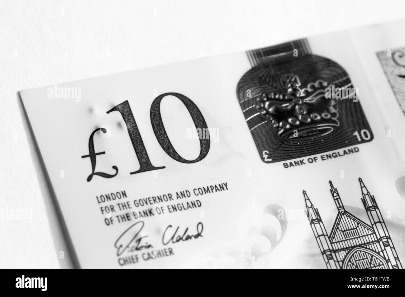 Close-up, macro photo de morceau de billet de 10 €. 10 livres sterling. Banque D'Images