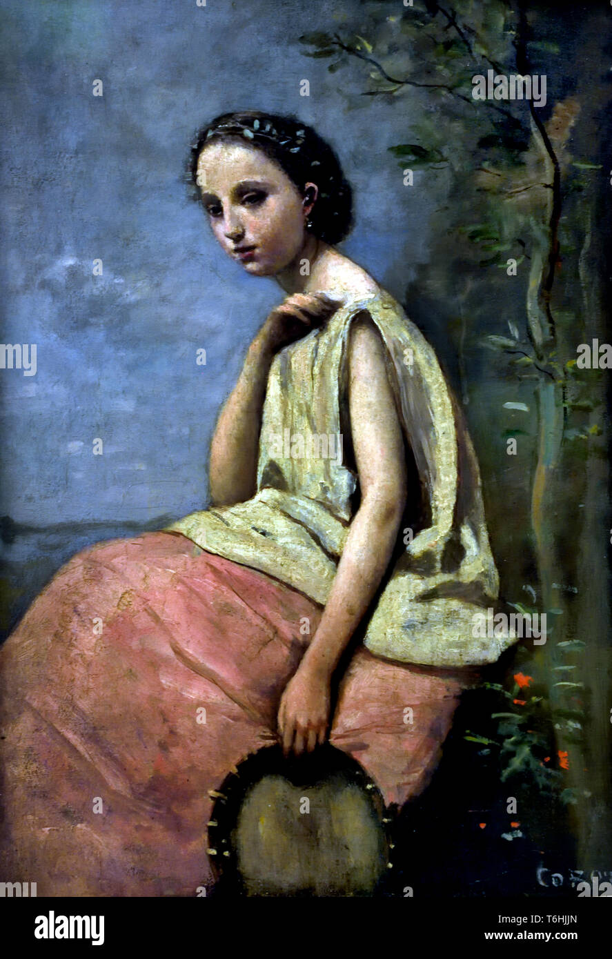 Zingara au tambour de basque - Zingara au tambour de basque par Jean Baptiste Camille Corot ,1796-1875, France, en français. ( Gypsy ) Banque D'Images