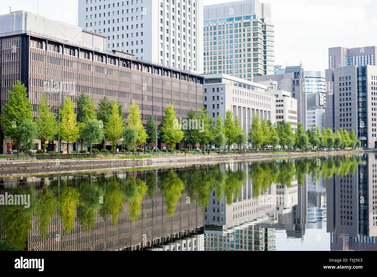 Réflexions d'édifices modernes et d'arbres dans le canal du quartier d'affaires de Marunouchi Hibiya, Tokyo, Japon au cours de la journée. Banque D'Images