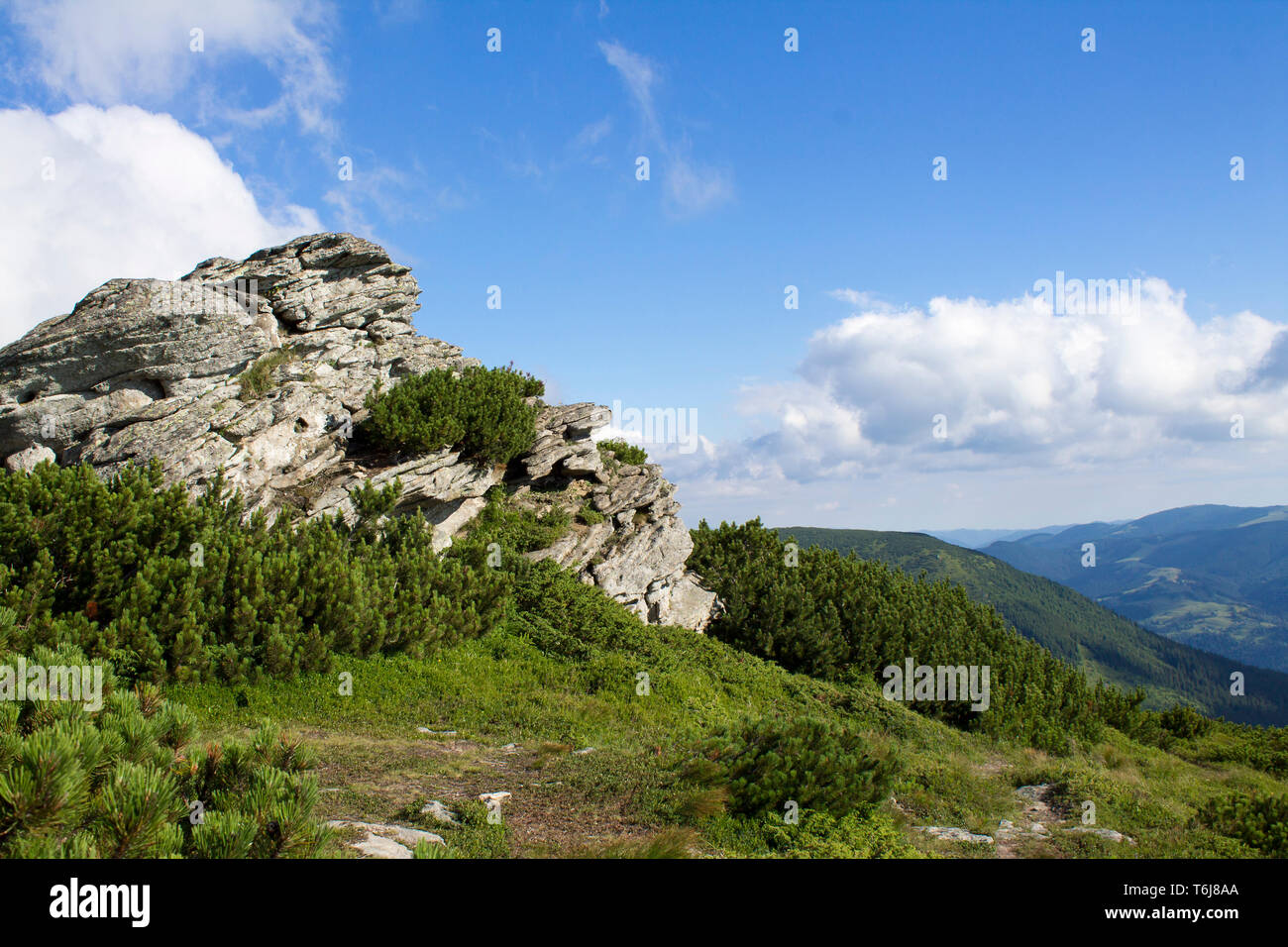 Scenic été ou au printemps sur la montagne avec ciel nuageux. L'Ukraine, des Carpates, Dzembronia hautes montagnes dans des couleurs éclatantes. Personne n. Beau paysage de montagne ou la vallée. Banque D'Images