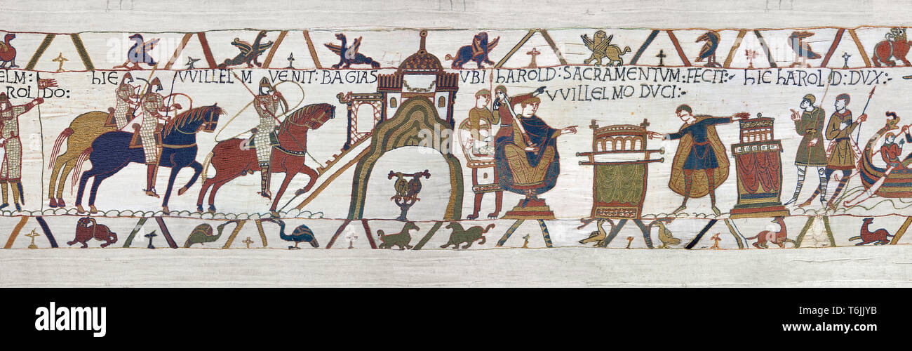 Scène de la Tapisserie de Bayeux 22 et 23 - Harold et William aller à Bayeux où tenant deux reliques Harold jure allégeance au Duc William Banque D'Images