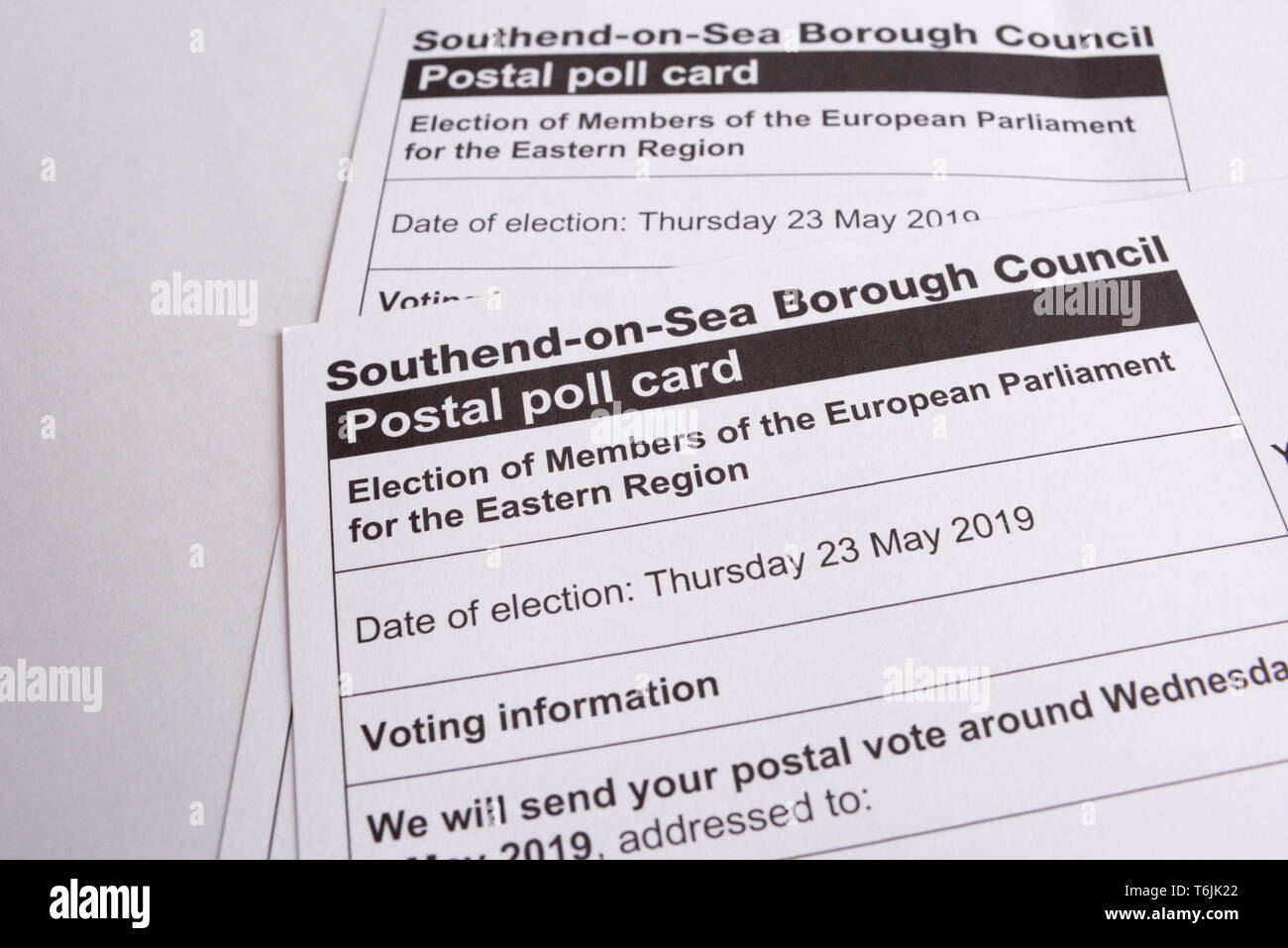 Les élections du Parlement européen, 2019, carte de vote postal. Élection des membres du Parlement européen pour la région de l'Est. Southend on Sea, Essex Banque D'Images