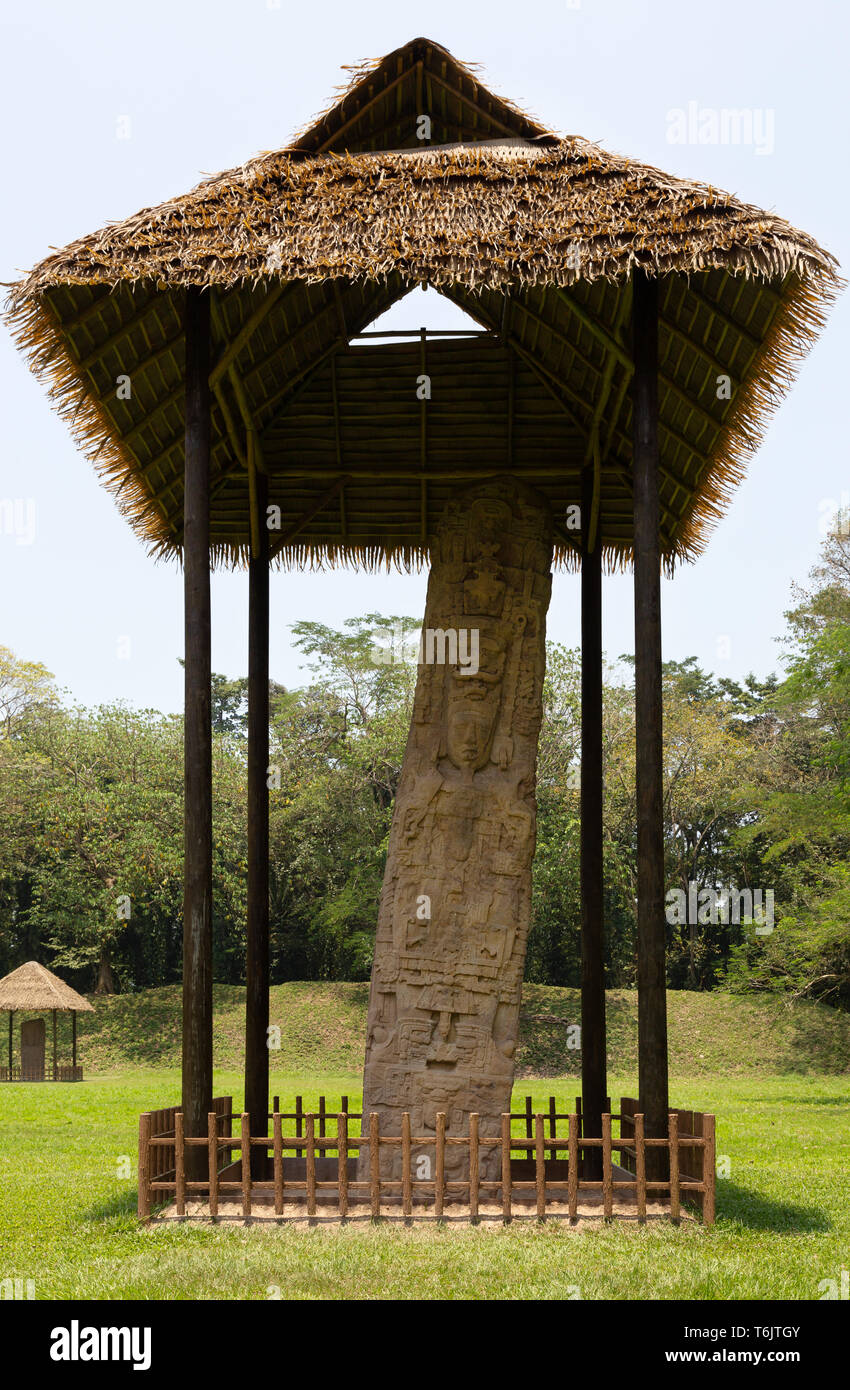 Les anciens Mayas, Stèle monument - F pierres sculptées érigé par règle K'ak' Tiliw Chan Yopaat au 8ème siècle de notre ère ; Quirigua, Guatemala Amérique Centrale Banque D'Images