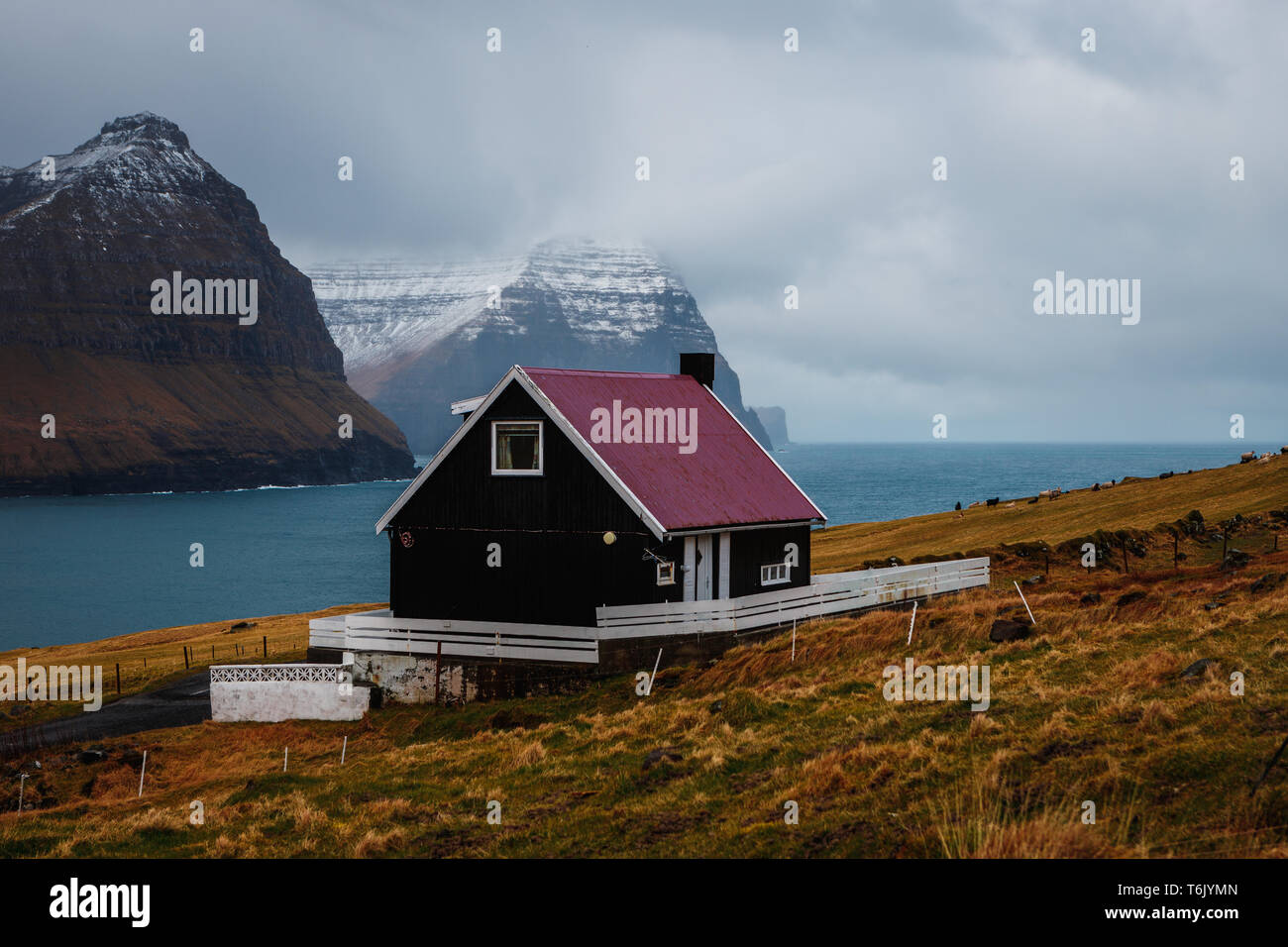 Féroïen typique maison en bois noir avec toit coloré dans le village Viðareiði avec neiges de Kunoy et Kalsoy island (îles Féroé) Banque D'Images