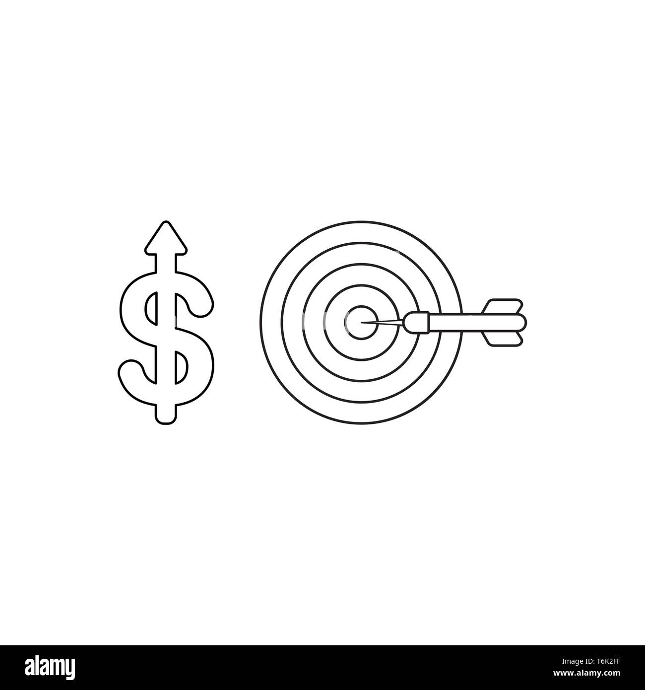 Icône vecteur concept de symbole du dollar avec la flèche et bulls eye avec dart dans le centre. Contours noirs. Illustration de Vecteur