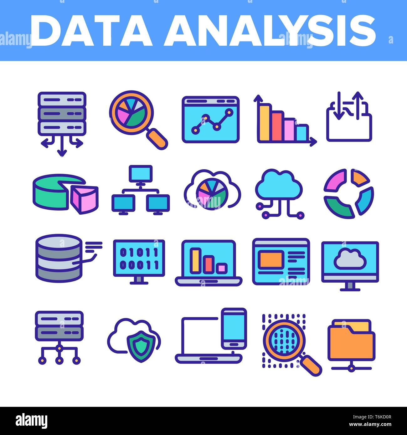 L'analyse de données, stockage Web Icons Set vecteur linéaire Illustration de Vecteur