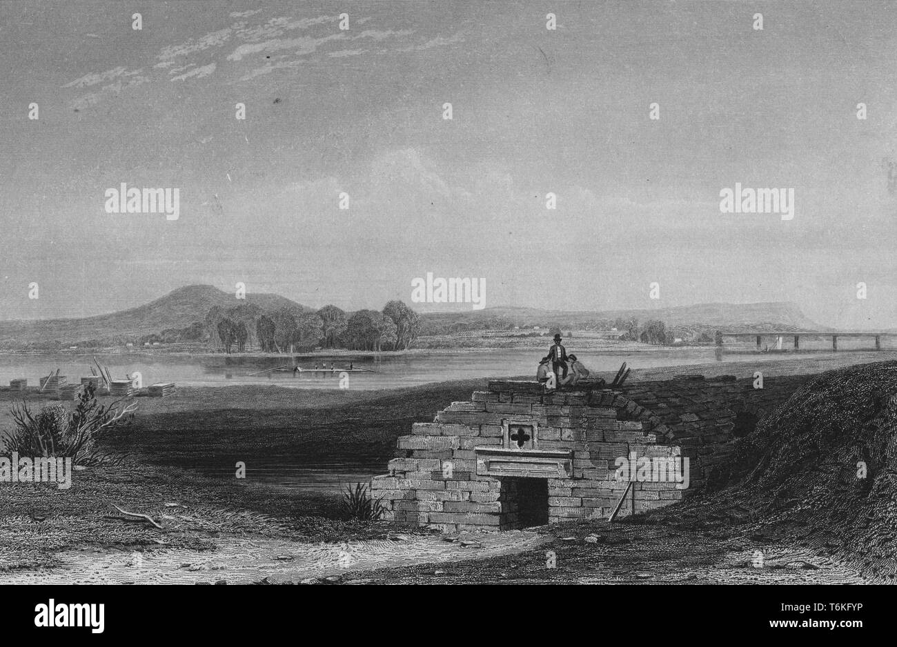 Gravure du fort Duquesne, établi par les Français à la confluence de l'Allegheny et Monongahela,, Pittsburgh, Pennsylvanie, 1840. À partir de la Bibliothèque publique de New York. () Banque D'Images
