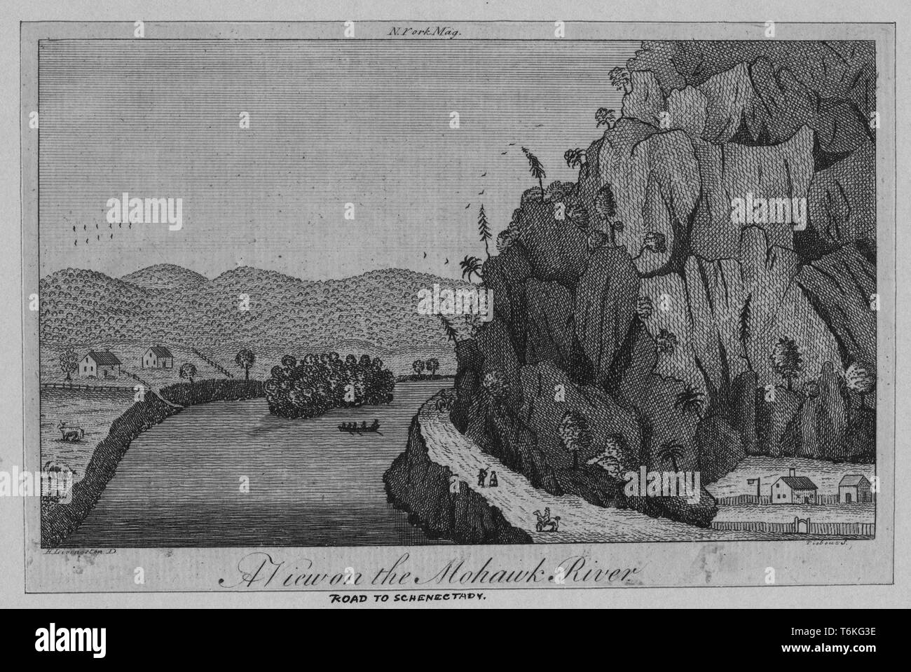 Gravure de la route de Schenectady le long de la rivière Mohawk, New York, 1790. À partir de la Bibliothèque publique de New York. () Banque D'Images