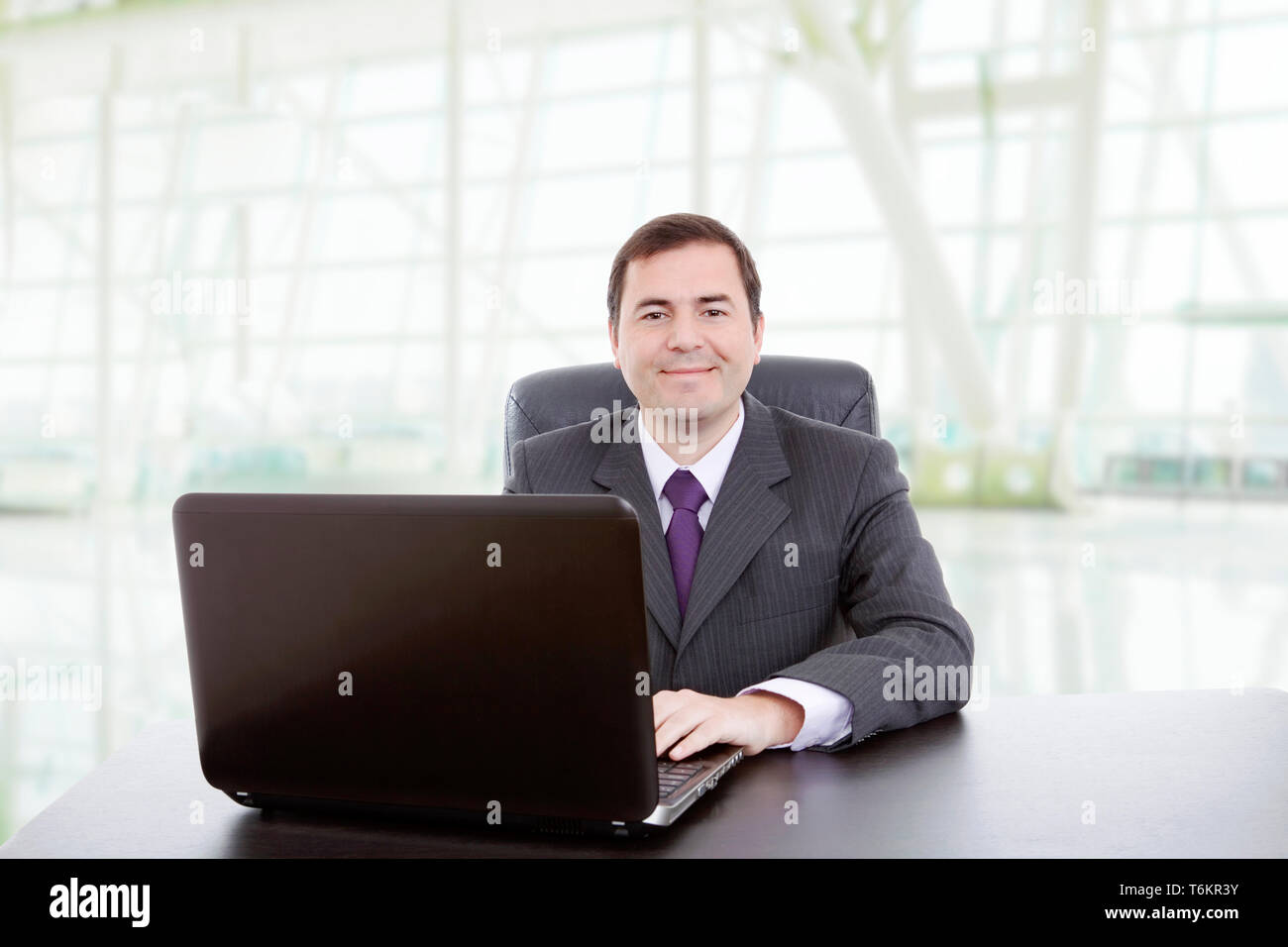 Heureux l'homme d'affaires travaillant avec l'ordinateur portable est, à l'office Banque D'Images