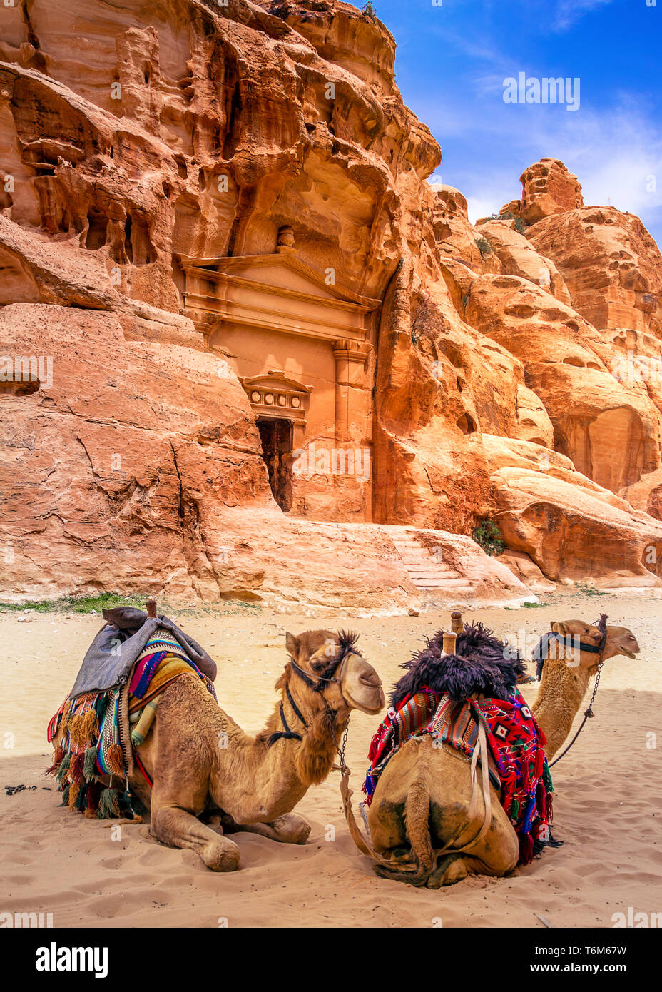 Camel reposant sur du sable dans peu de Petra, Jordanie Banque D'Images