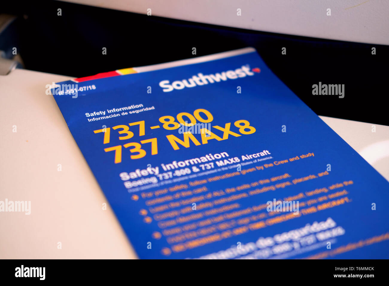 Carte d'information de sécurité pour un Boeing 737-800 et 737 MAX8, Southwest Airlines. Banque D'Images