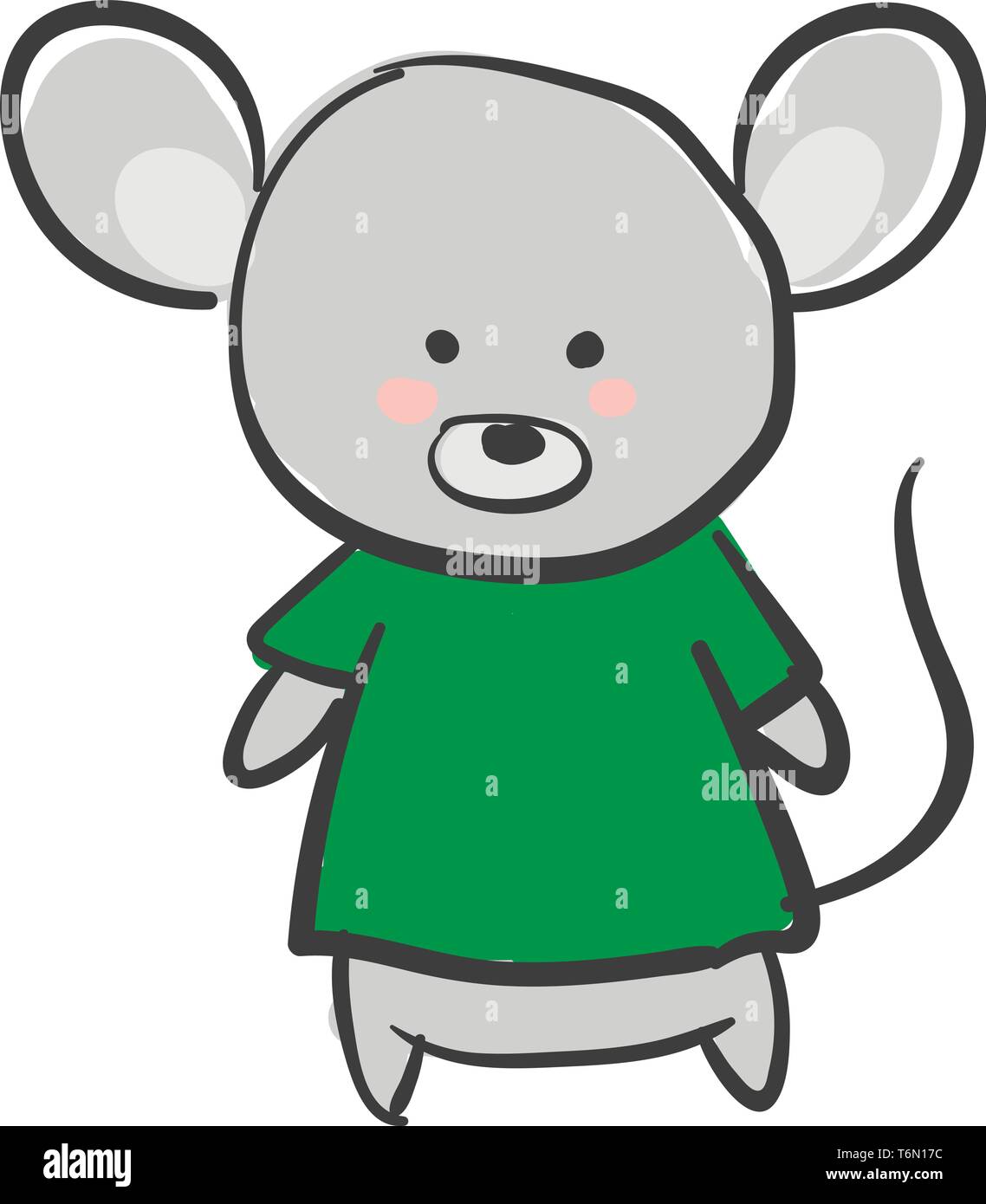 Dessin d'une souris grise dans un t-shirt vert a de grandes oreilles et une longue queue de couleur noire a l'air heureux tout en couleur ou dessin vectoriel permanent illustra Illustration de Vecteur