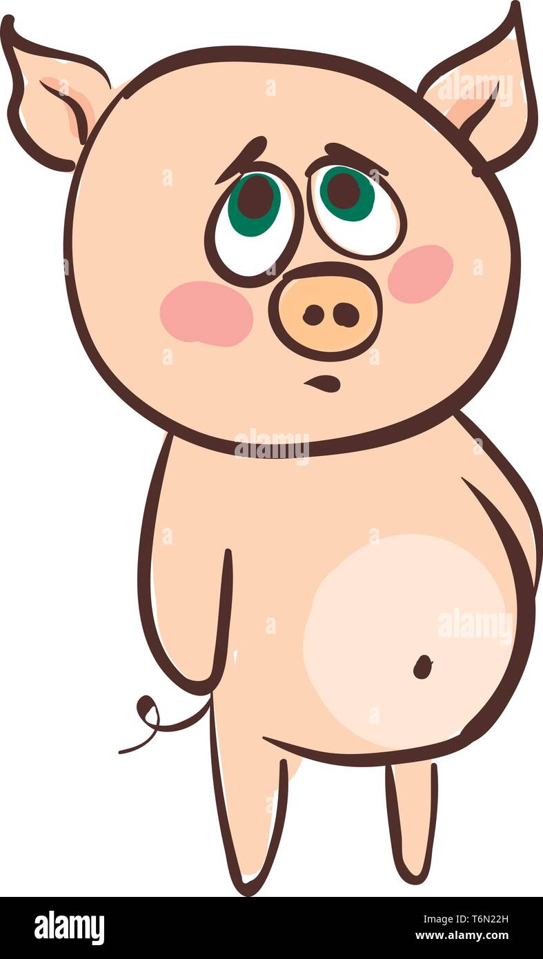 Le Paris d'une triste cochon rose avec un ventre saillant et une courte queue noire à sa spirale exprime sa tristesse retour en position debout tirage couleur vectorielle Illustration de Vecteur