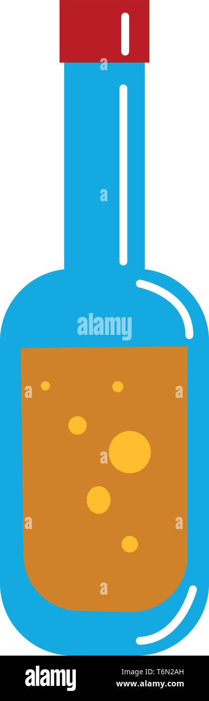 Une bouteille de couleur bleue remplie de la boisson soda représenté de couleur brune avec quelques bulles jaunes à l'intérieur recouvert d'un Maroon Illustration de Vecteur