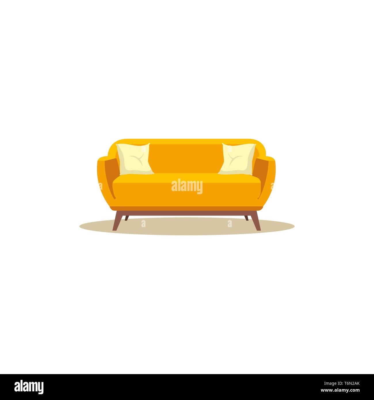 Un long siège rembourré de couleur orange avec un dos et des bras pour deux personnes ou plus, avec l'appui de quatre pieds en bois couleur vecteur drawin Illustration de Vecteur