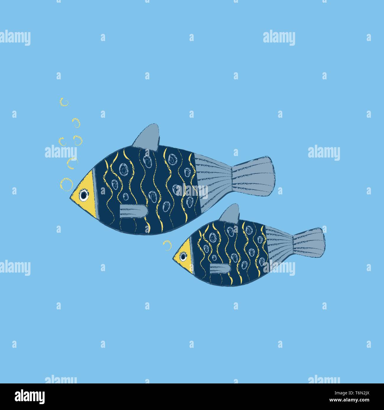 Une mer bleu dans lequel deux poissons nageant et forme des bulles jaune jaune triangulaire à échelles à motifs têtes sur leurs nageoires et branchies corps bleu Illustration de Vecteur