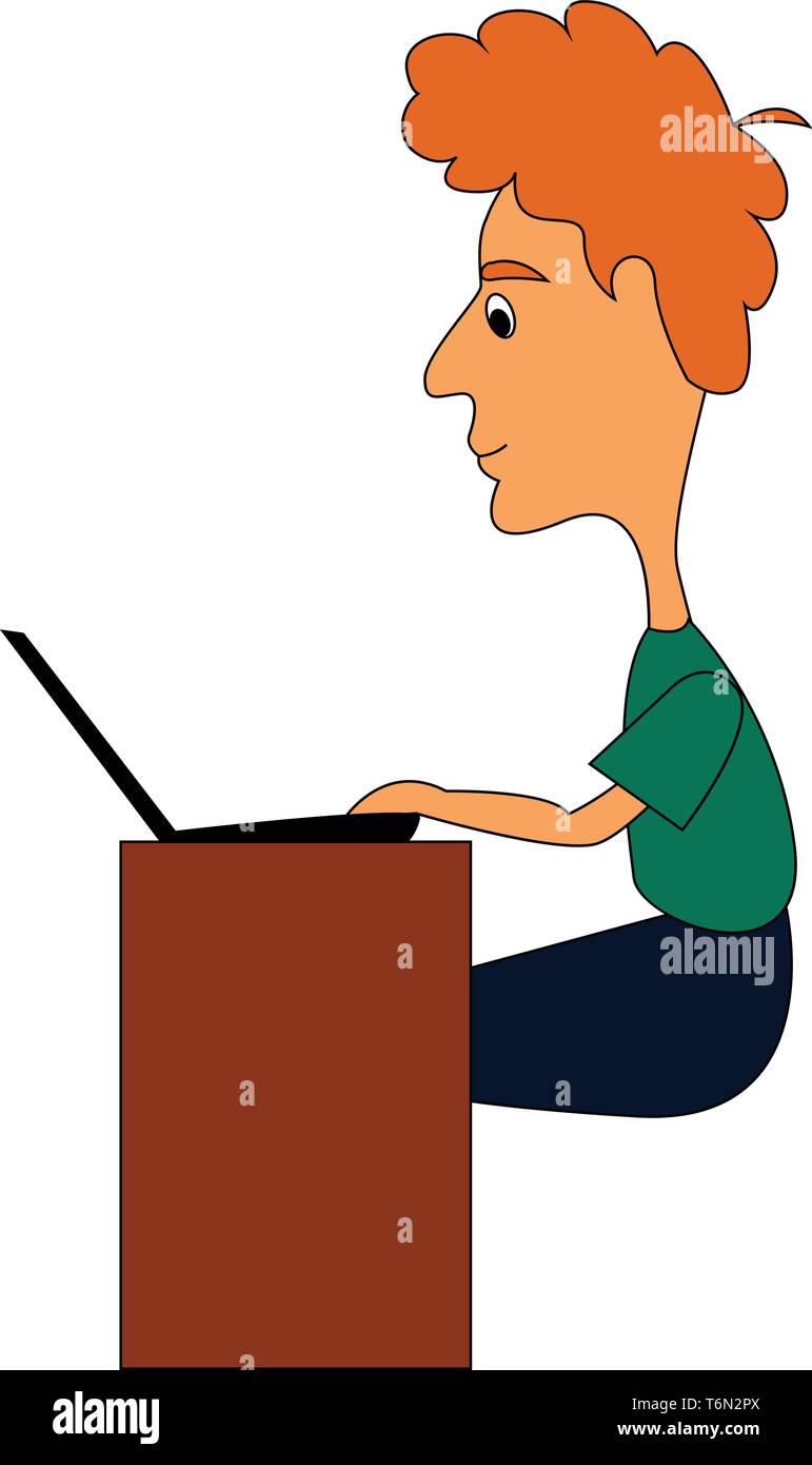 Un agent dans une chemise verte et un pantalon bleu mèche de ses cheveux orange attachés les uns assis devant l'ordinateur portable et de travailler dans ses heures de bureau Illustration de Vecteur