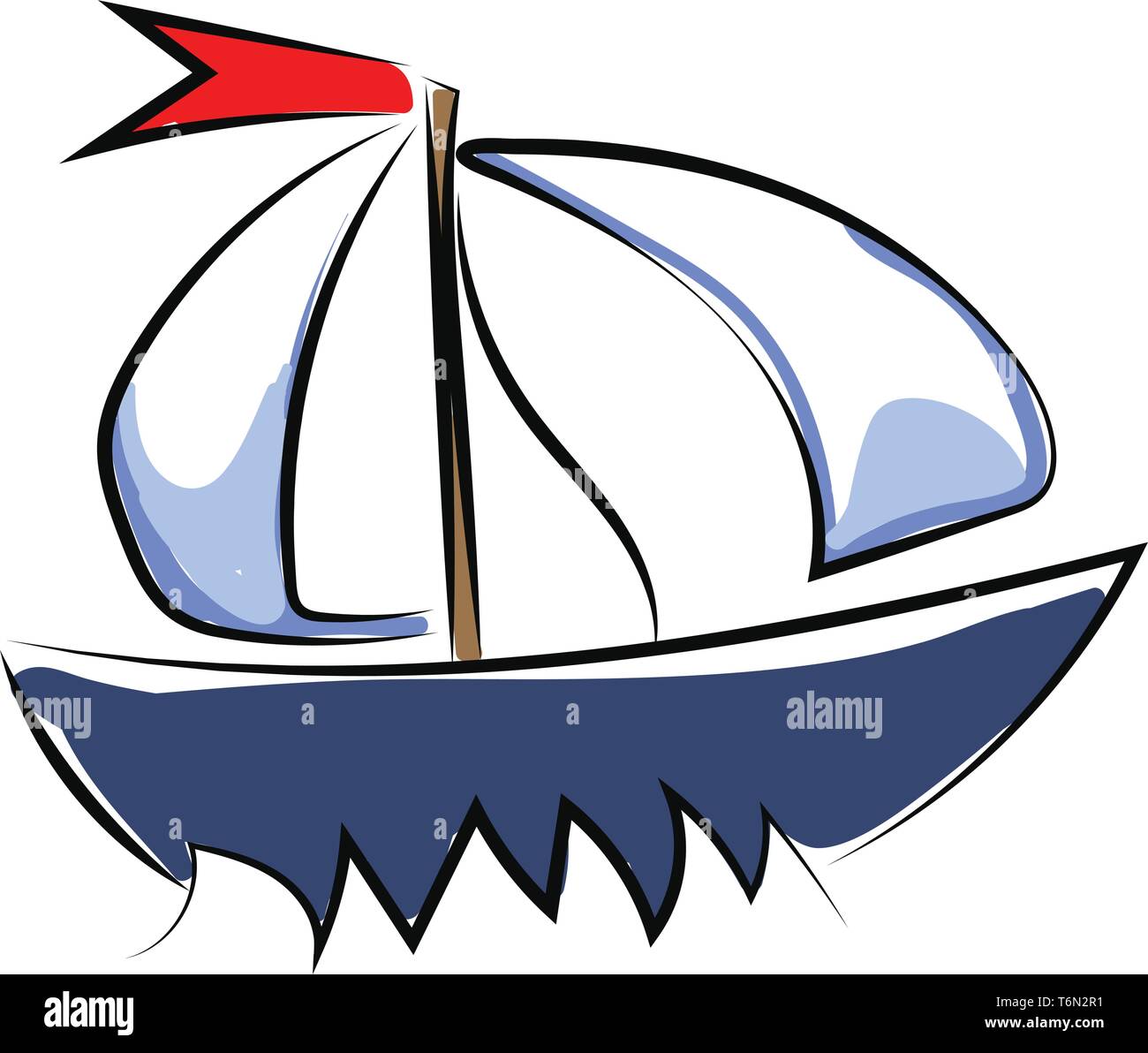 Un beau yacht de couleur bleue avec la grand-voile et le foc et un drapeau  de couleur rouge qui se déploie dans les voiles du vent à travers la mer de  couleur