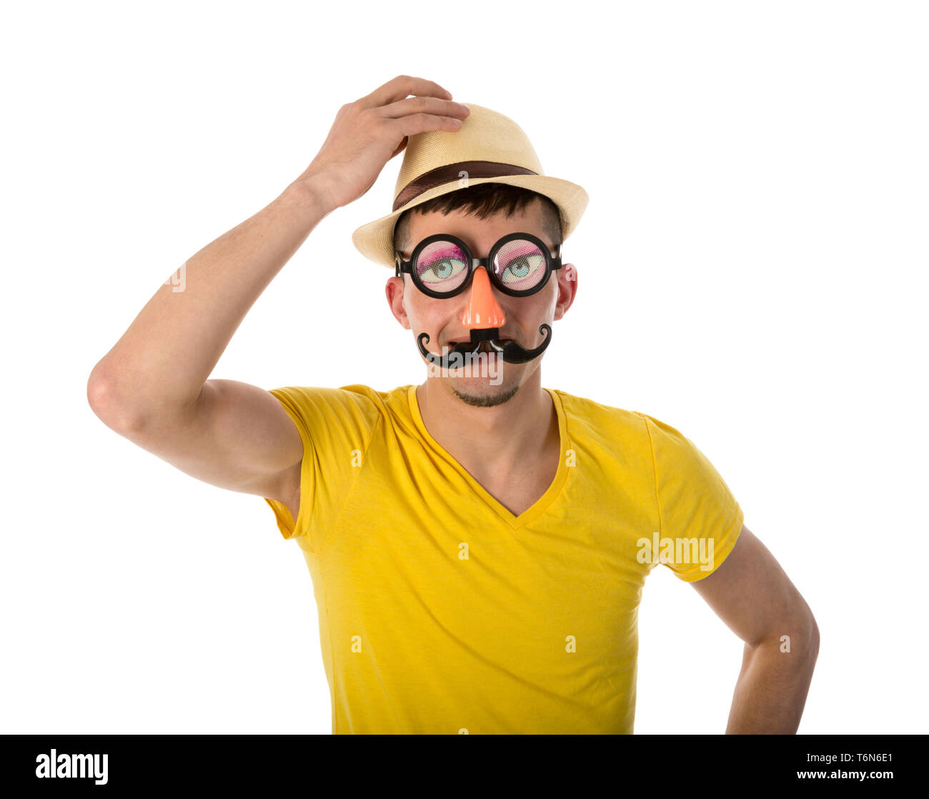 Homme avec Carnival mask et hat isolated over white Banque D'Images