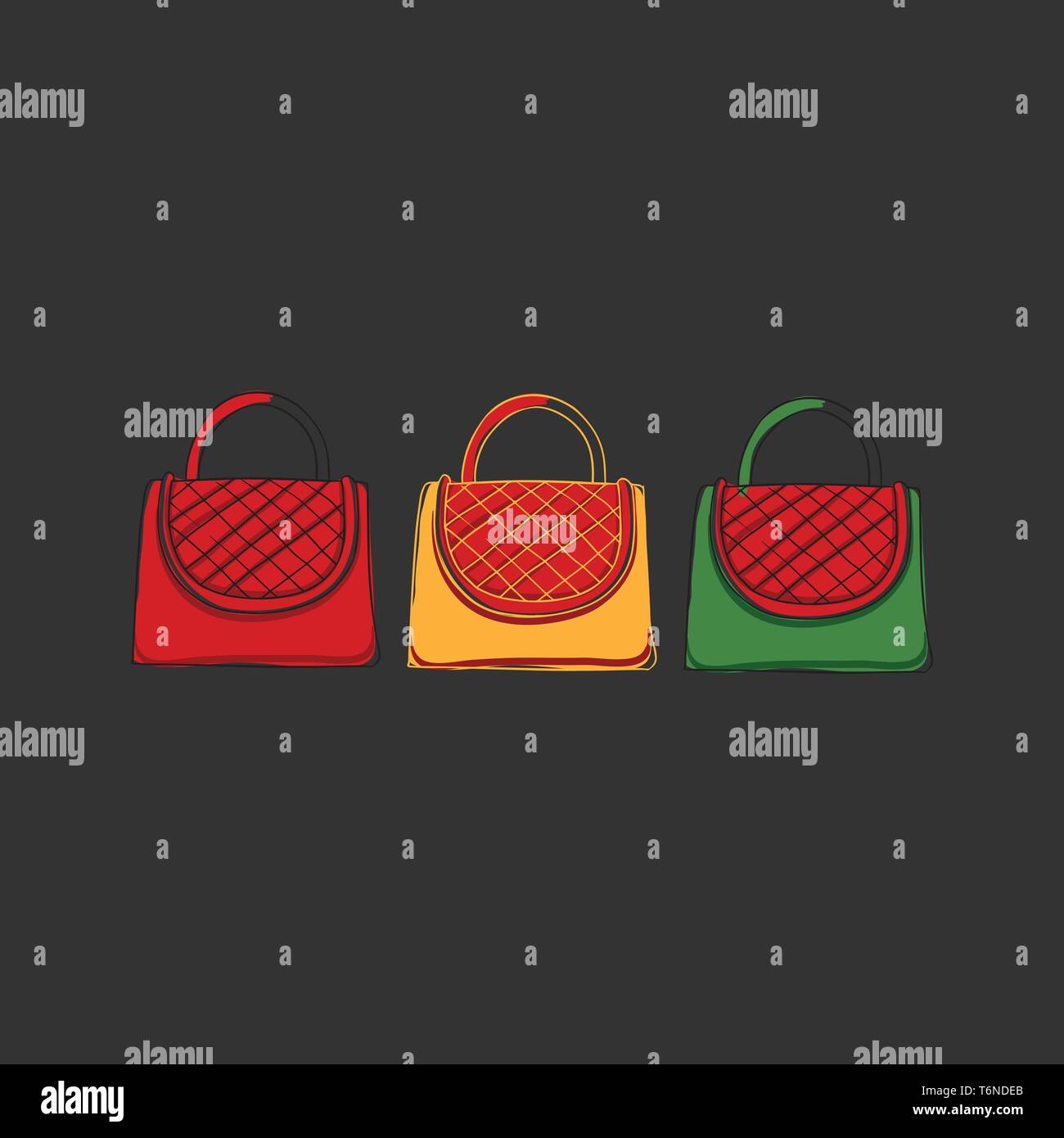 Clipart de trois sacs à main pour femme en rouge les couleurs jaune et verte tricoté avec les motifs à carreaux sur la partie avant s'affiche sur un fond noir Illustration de Vecteur