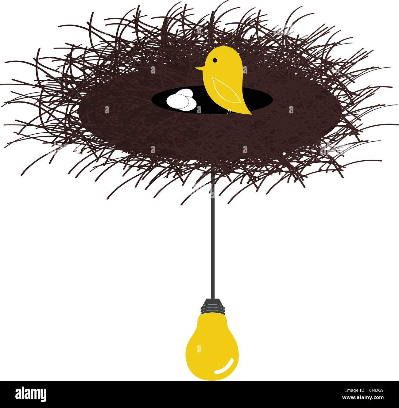 Cartoon Yellow bird avec peu d'oeufs dans un nid en haut d'une ampoule électrique jaune vector dessin en couleur ou de l'illustration Illustration de Vecteur