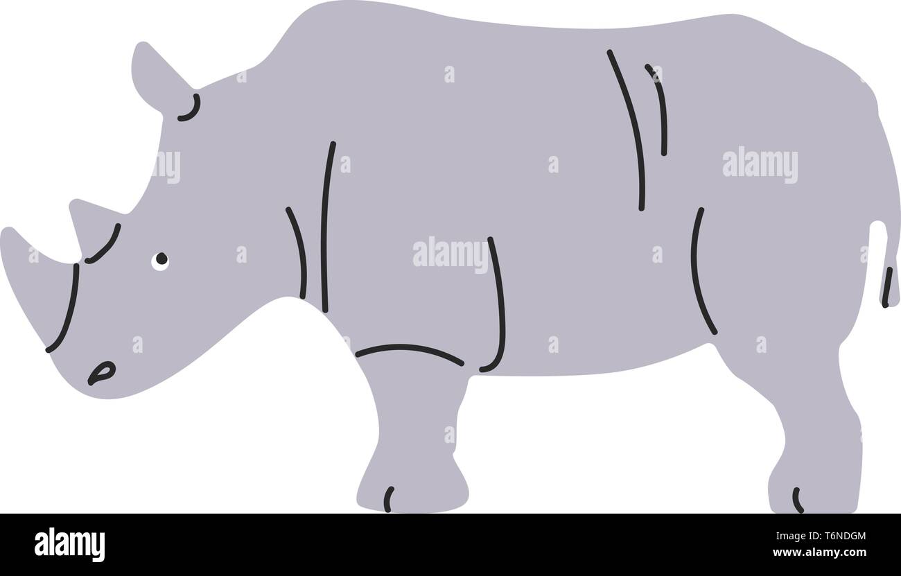 Peinture d'un rhinocéros gris avec deux cornes courte queue lignes noirâtres sur la peau parcheminée isolés sur fond blanc vu de côté Illustration de Vecteur