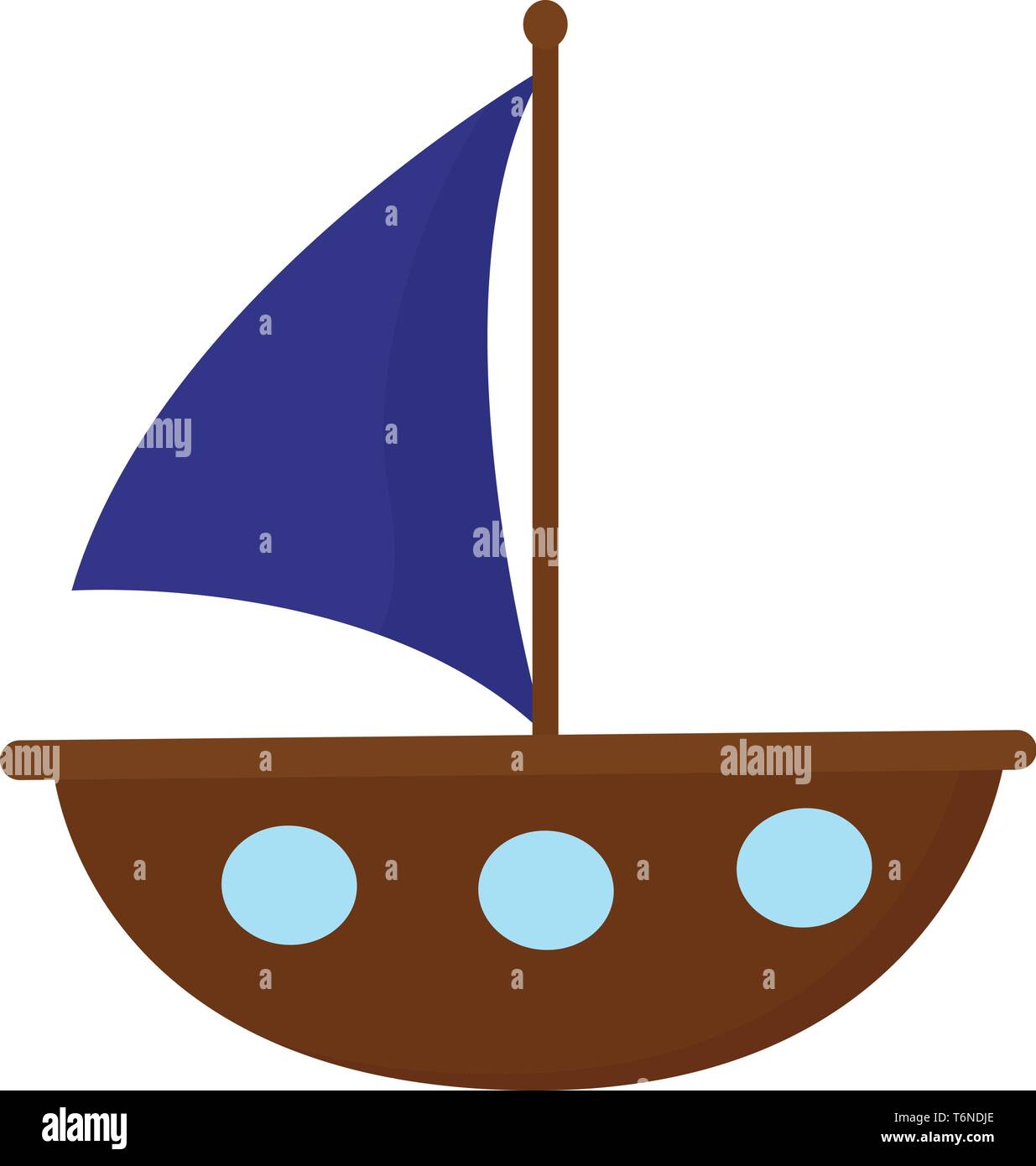 Portrait d'une caricature marron bateau avec une voile de couleur bleue est prête à transporter des passagers et des marchandises vector dessin en couleur ou de l'illustration Illustration de Vecteur