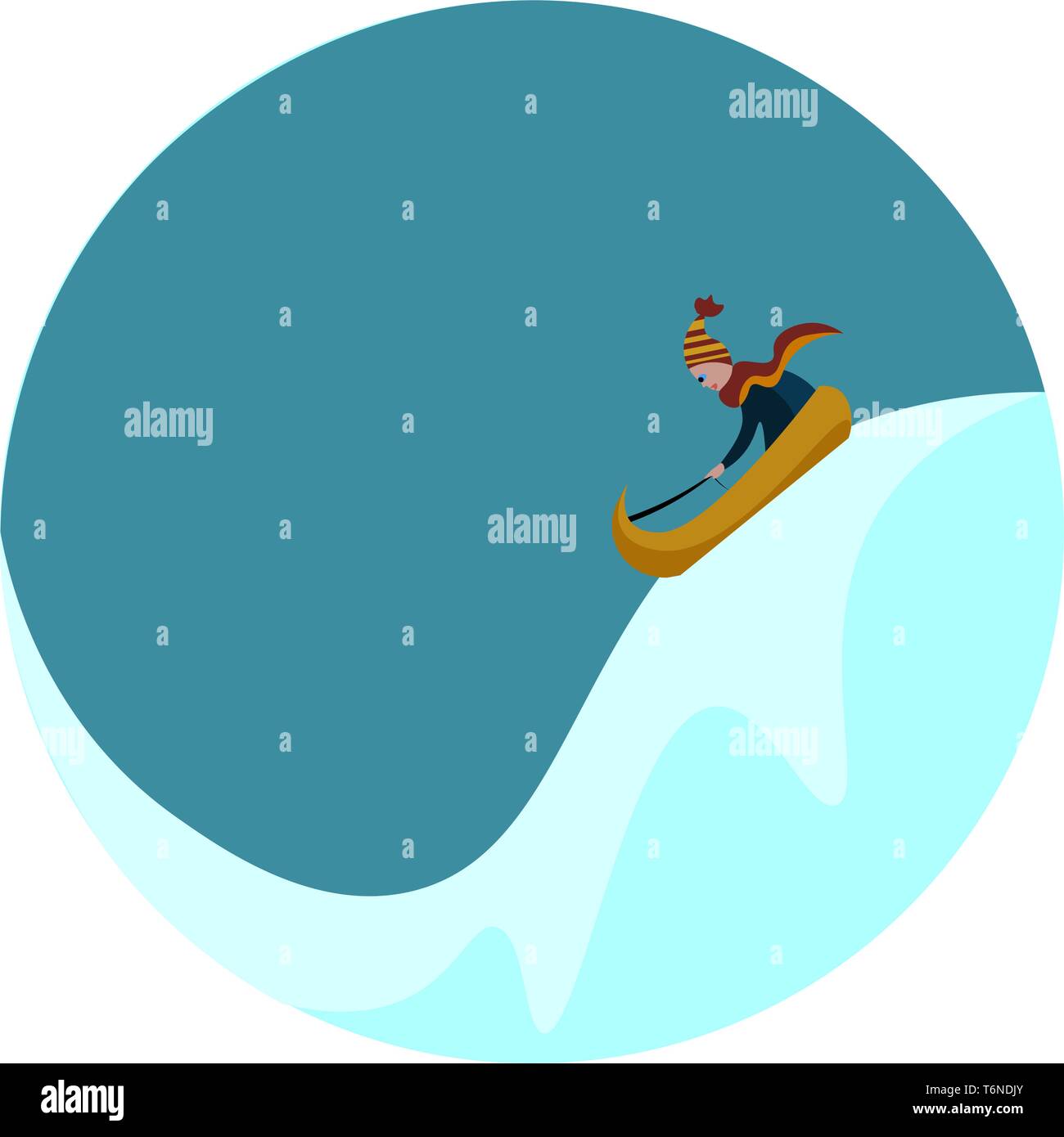 Portrait d'un garçon dans ses vêtements d'hiver glisser en descente sur un traîneau sur la neige et un ciel clair complète le background vector dessin en couleur ou d'illu Illustration de Vecteur