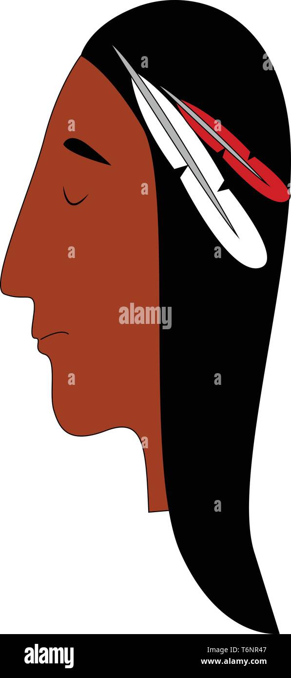Une femme noire avec des plumes dans les couleurs rouge et blanc collé sur son serre-tête sourit avec ses yeux fermés isolés sur fond blanc vu de Illustration de Vecteur