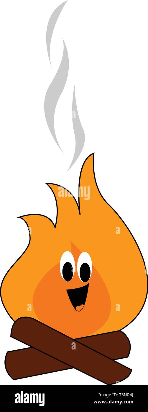 D'Emoji un feu avec deux planches de bois croisées et brûlant d'une flamme avec deux yeux vers le bas et de la langue a collé dehors en riant co vecteur Illustration de Vecteur