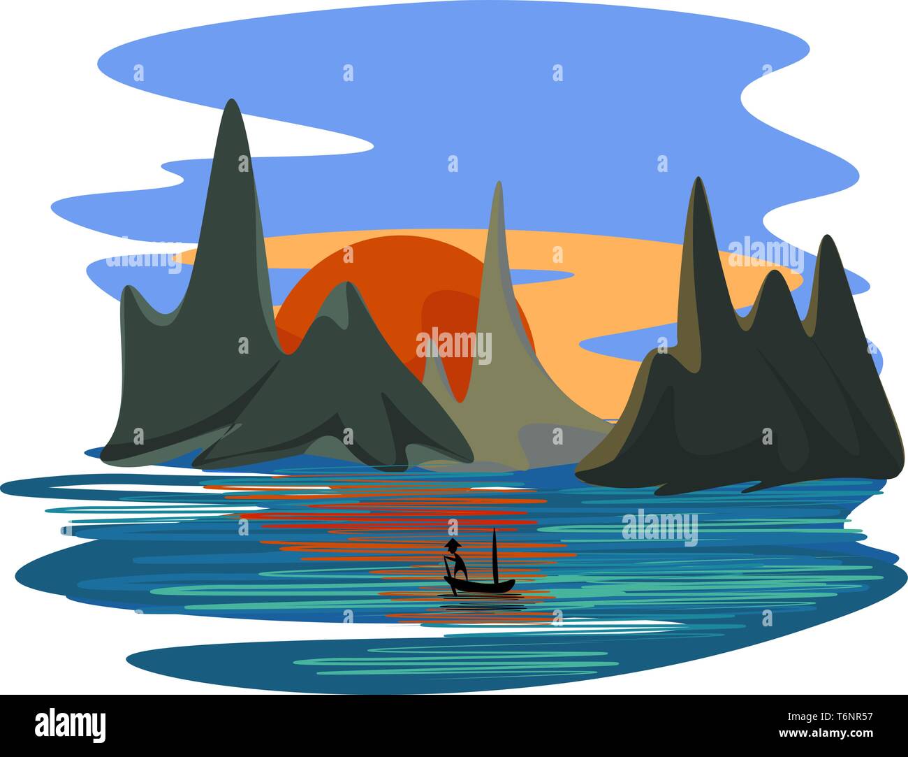 Beau paysage d'un pêcheur à voile à travers la mer au coucher du soleil et un ciel clair complète le background vector dessin en couleur ou d'illustratio Illustration de Vecteur