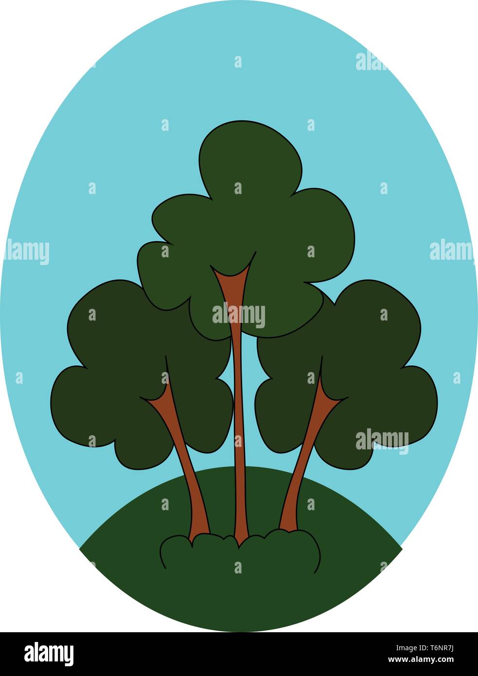 Portrait de trois arbres à feuilles fraîches cultivées au-dessus de la prairie verte représente la forêt et un ciel clair remplit l'arrière-plan couleur de scénario Illustration de Vecteur