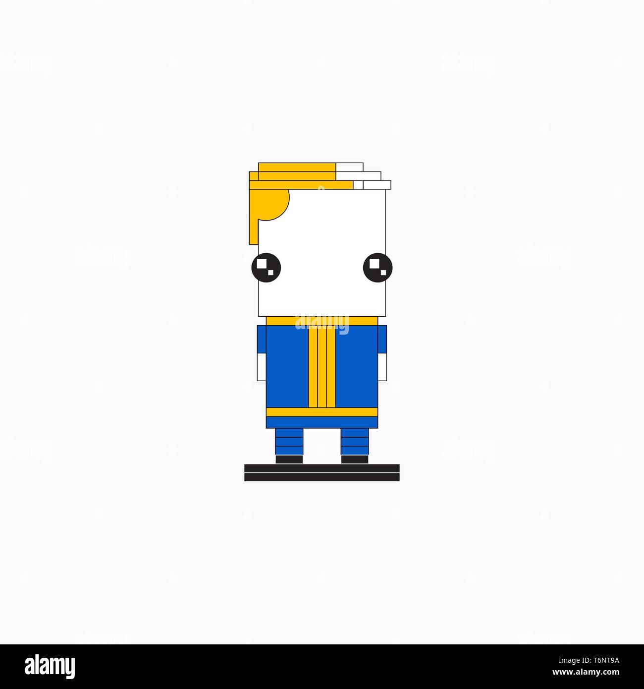 Lego Cartoon homme avec du corps et la tête dans une forme carrée deux yeux exorbités vêtu d'un costume bleu et jaune se dresse sur un socle en bois couleur vectorielle Illustration de Vecteur